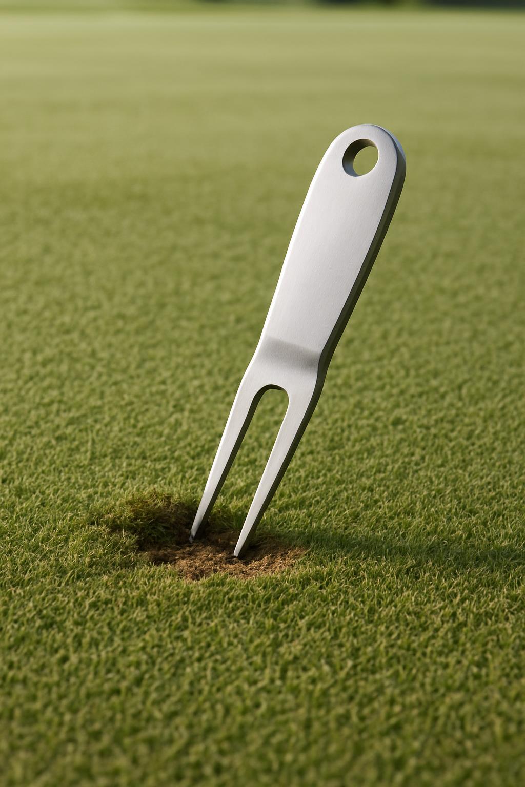 A large golf divot tool stuck in a divot on a grassy golf course.